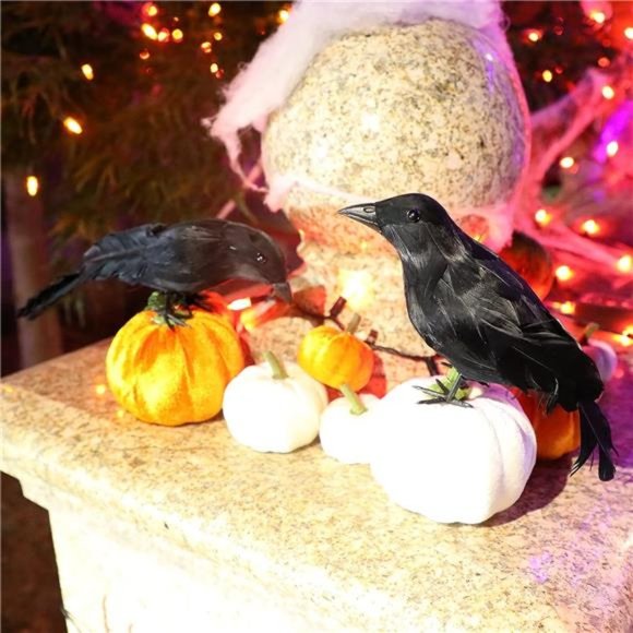 6 Pack Halloween Black Feathered Crows, Halloween Spooky Party Home Decorations - Picture 3 of 6